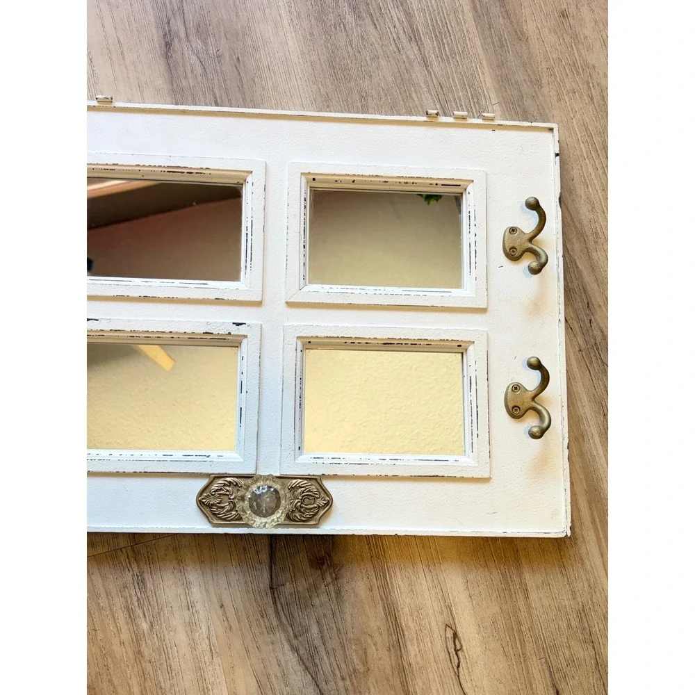 Vtg Distressed White Door Mirror Wall Hook Rack Crystal Knob Farmhouse 14.5x20